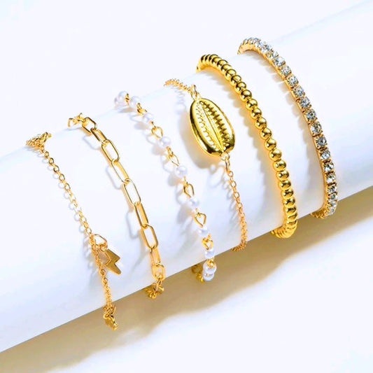 6pcs Golden Shell And Pearls Chain Bracelet