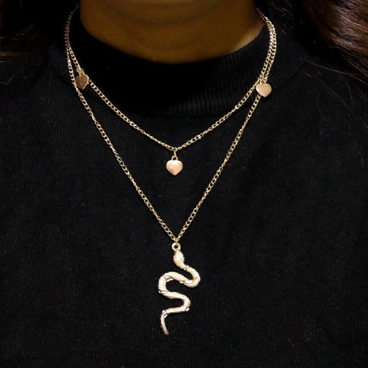 Double Layer Textured Snake And Hearts Necklace