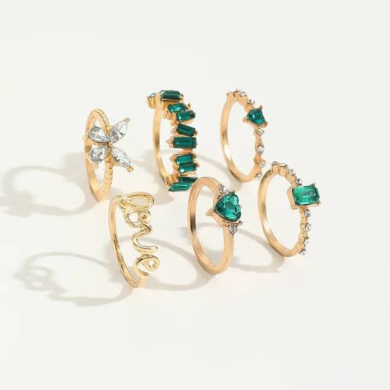 6pcs Vintage Green Stones Rings Set