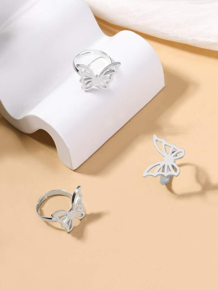 3pcs Silver Butterfly Rings