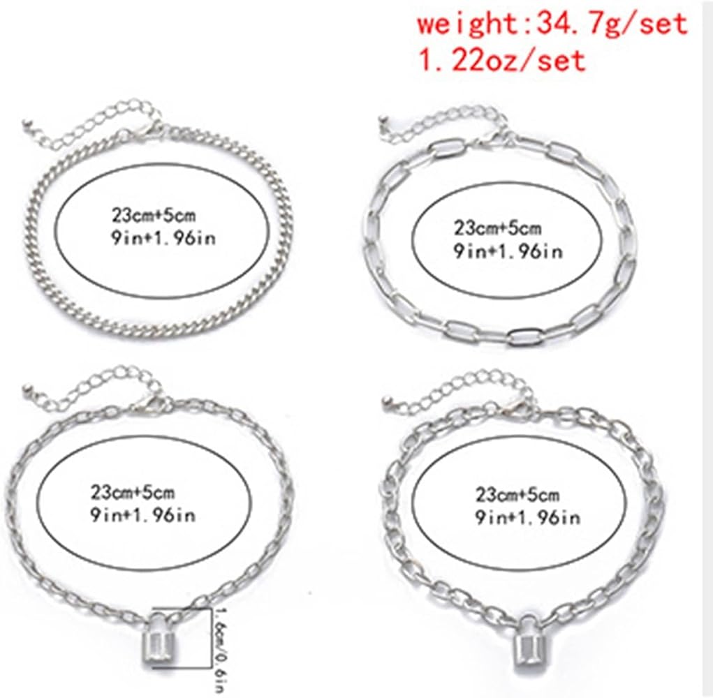 4pcs Lock And Chain Bracelet + Anklet Set