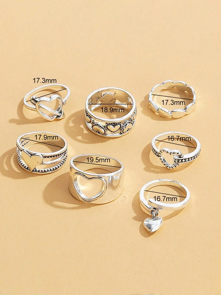 7 Pcs Silver Heart Charms Ring Set