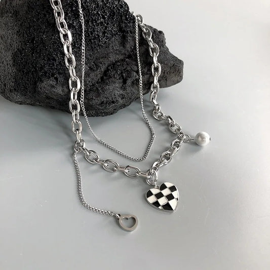 Checkered Pattern Heart Charm Layered Necklace