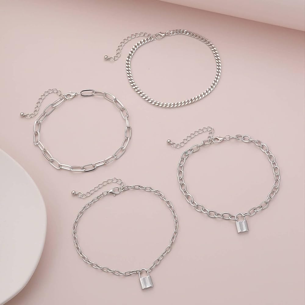 4pcs Lock And Chain Bracelet + Anklet Set