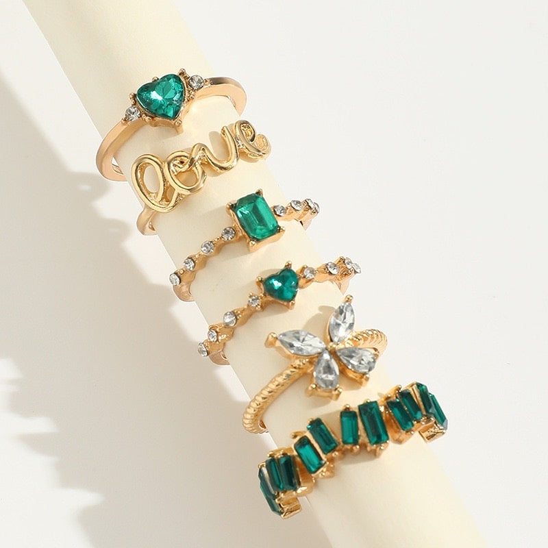 6pcs Vintage Green Stones Rings Set