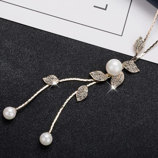 Rhinestone Leaf And Pearls Y Shaped Long Necklace