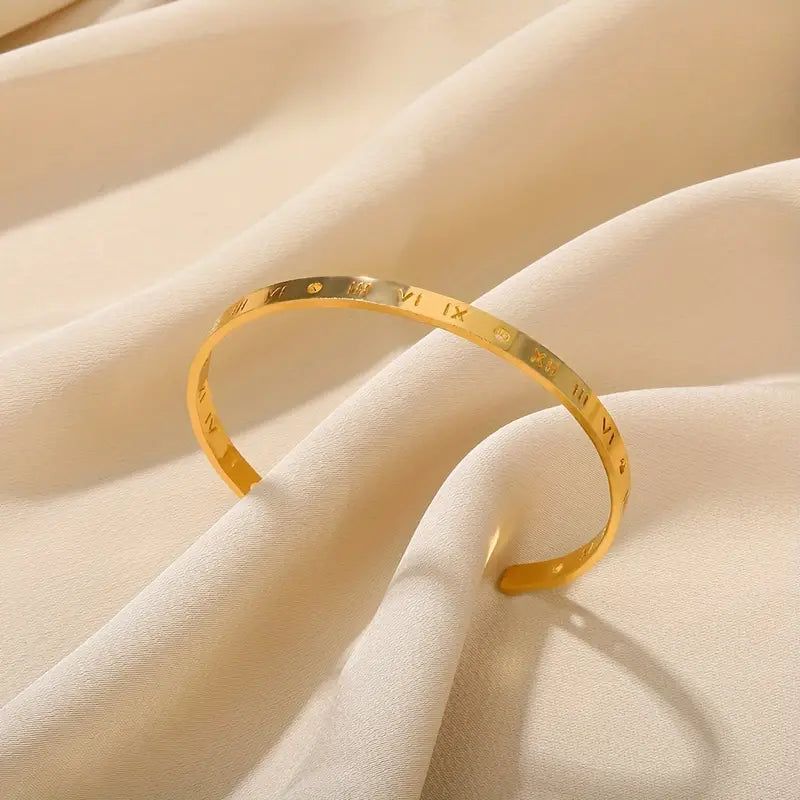 Delicate Roman Numeral Design Cuff Bangle