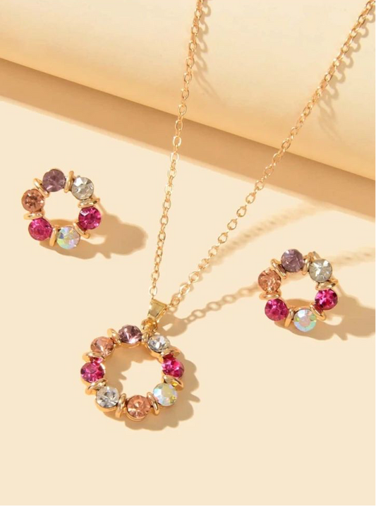 3pcs Exquisite Colorful Cubic Zirconia Circle Flower Pendant Necklace Stud Earrings Wedding Engagement Jewelry Set