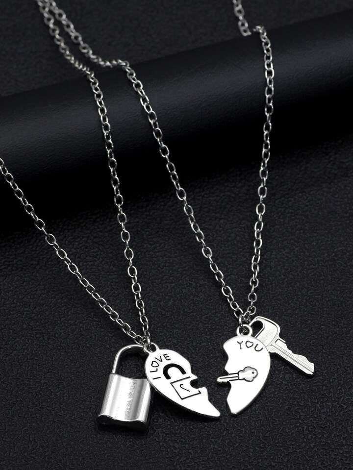 Couple Lock And Key Pendant Necklace Set