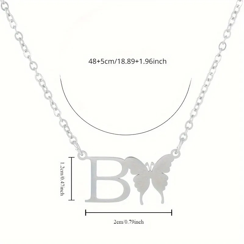 Silver B Initial and Butterfly Pendant Necklace