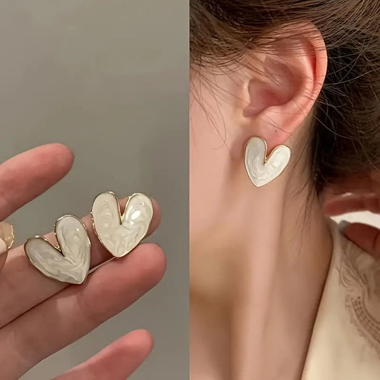 Vintage White Heart Stud Earrings