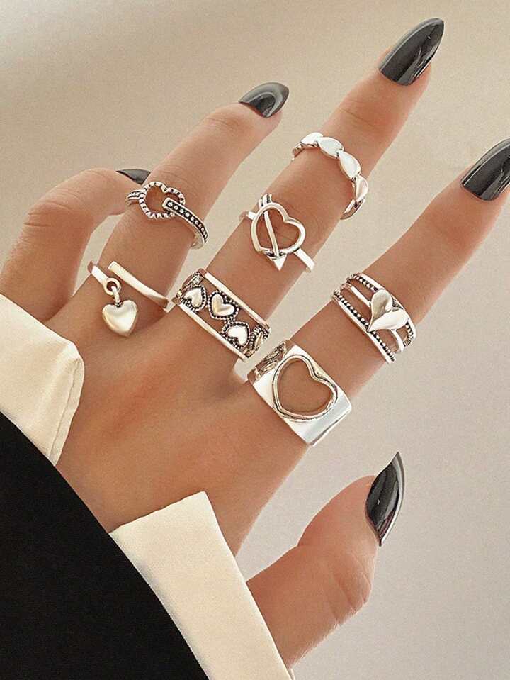 7 Pcs Silver Heart Charms Ring Set