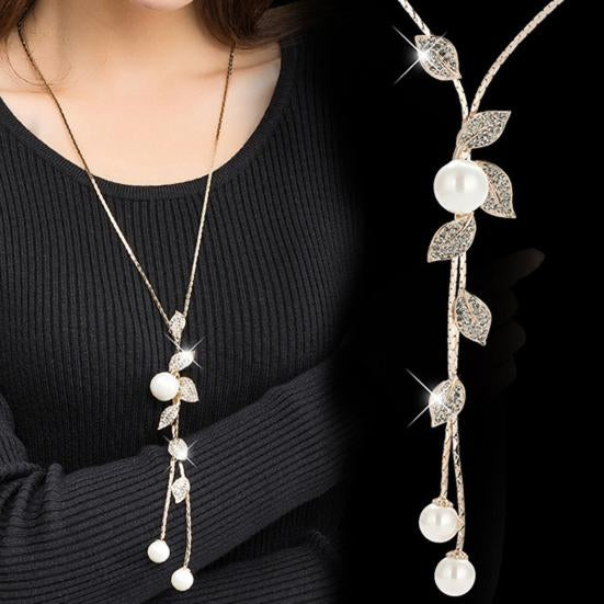 Rhinestone Leaf And Pearls Y Shaped Long Necklace