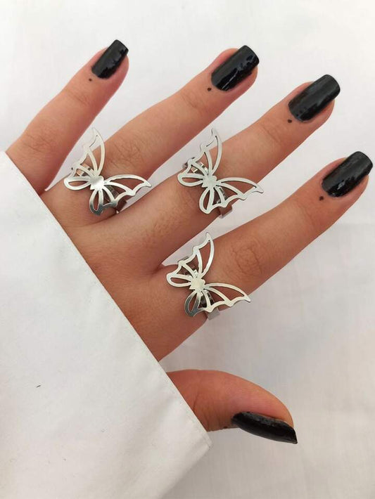 3pcs Silver Butterfly Rings