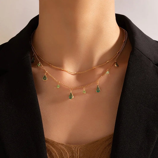 Double Layer Green Stones Golden Necklace