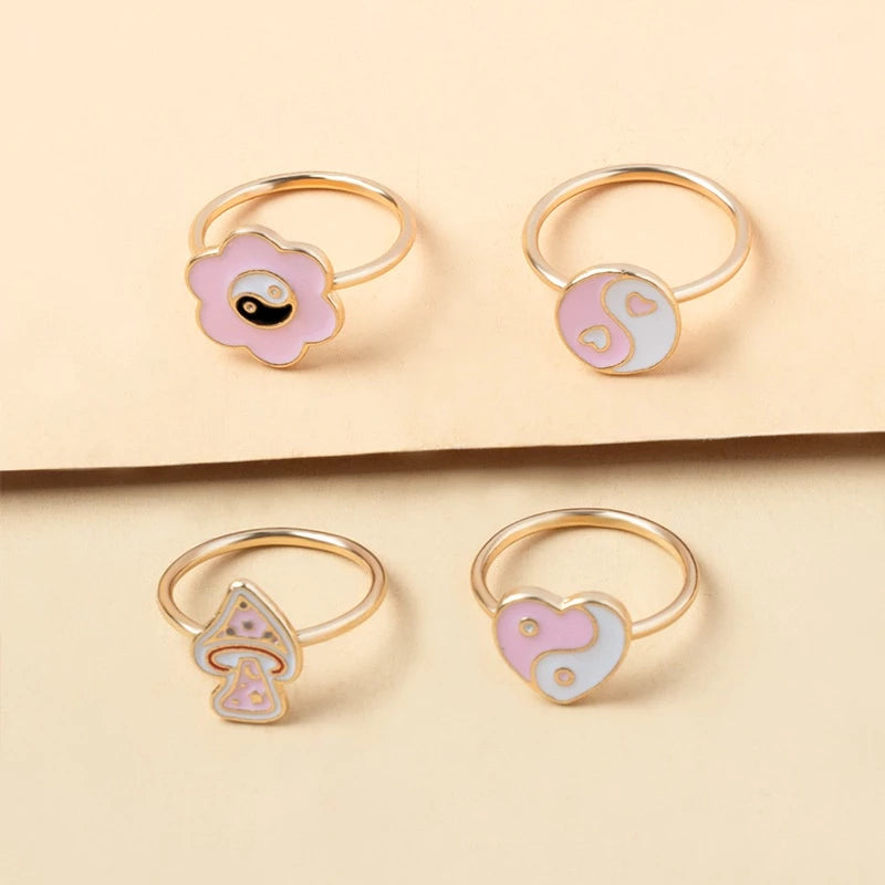 4 pcs Vintage Pink Stackable Knuckles Rings Bagua Rings Yin Yang Ring