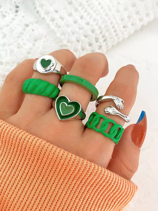 Vintage Green and Silver Love Heart Ring Set