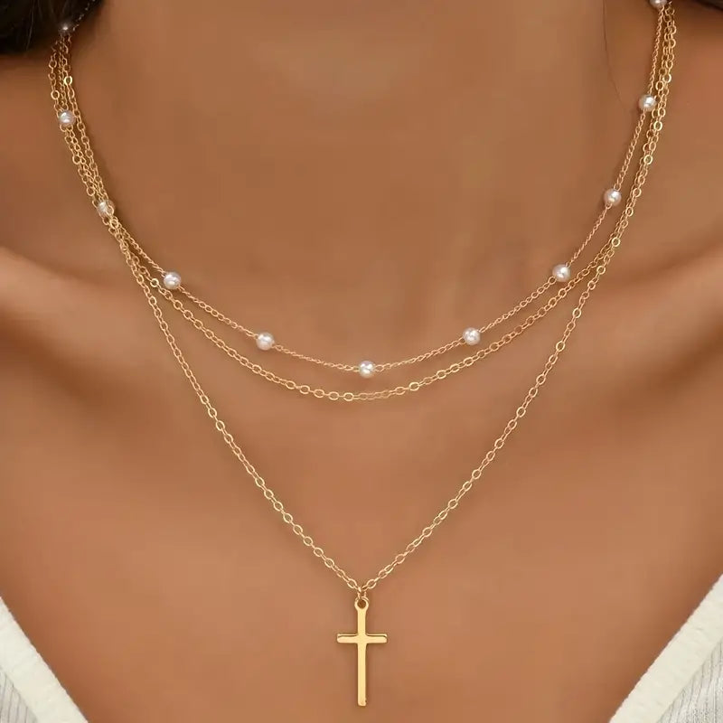 3pcs Classic Pearl Cross Metal Necklace Chain