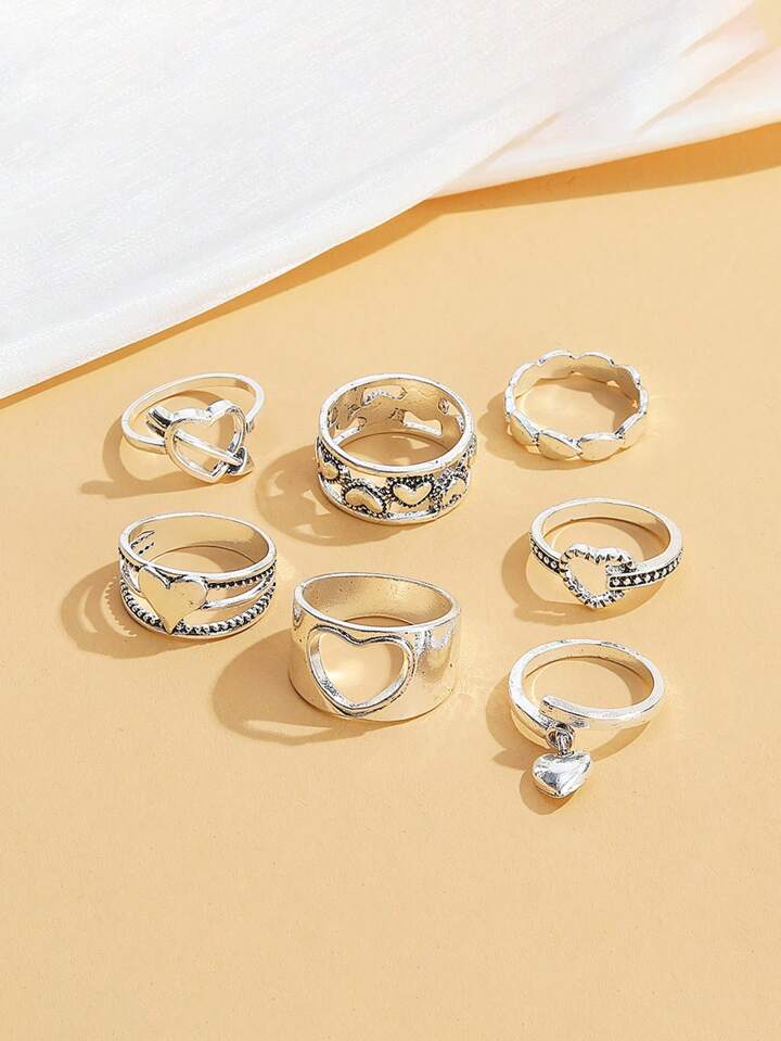 7 Pcs Silver Heart Charms Ring Set