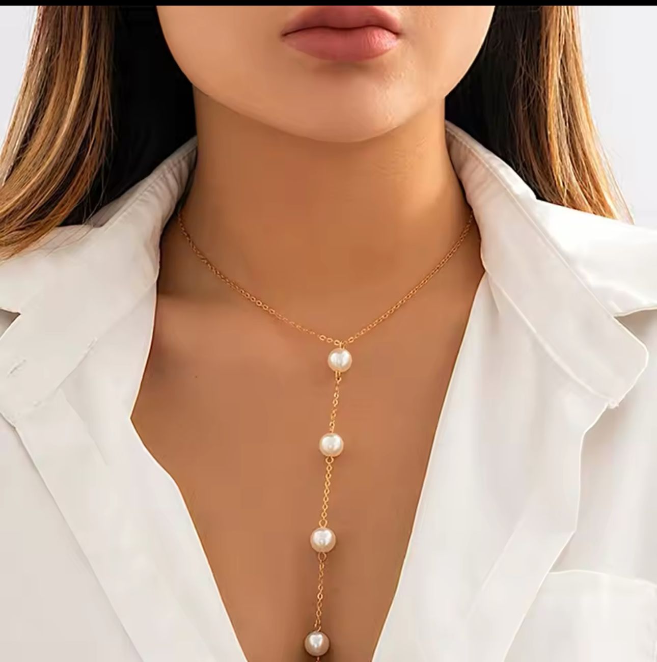 Elegant Gold Y-Necklace with Pearls – Minimalist Statement Necklace