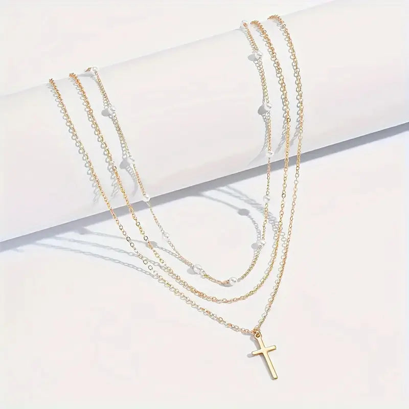 3pcs Classic Pearl Cross Metal Necklace Chain