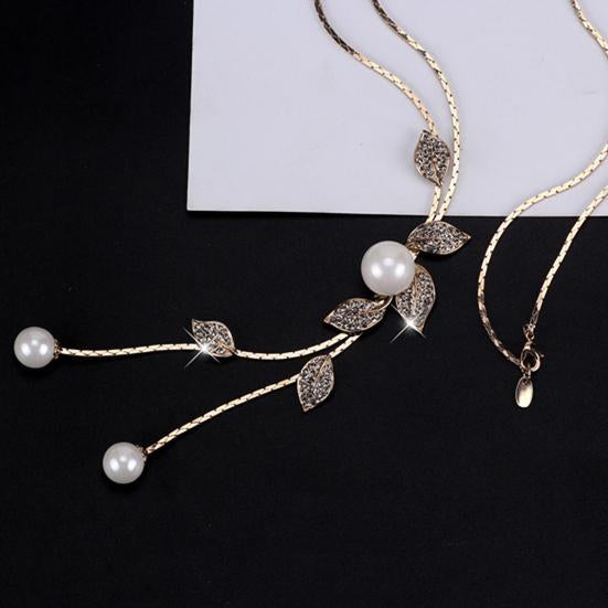 Rhinestone Leaf And Pearls Y Shaped Long Necklace