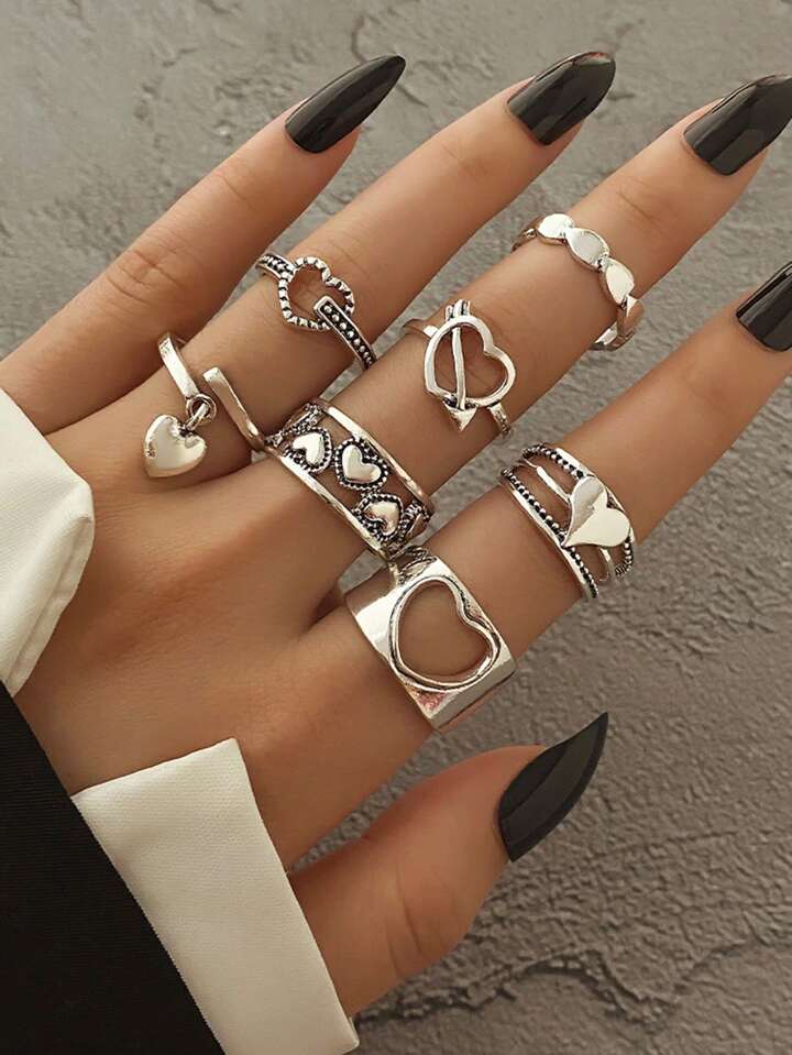 7 Pcs Silver Heart Charms Ring Set