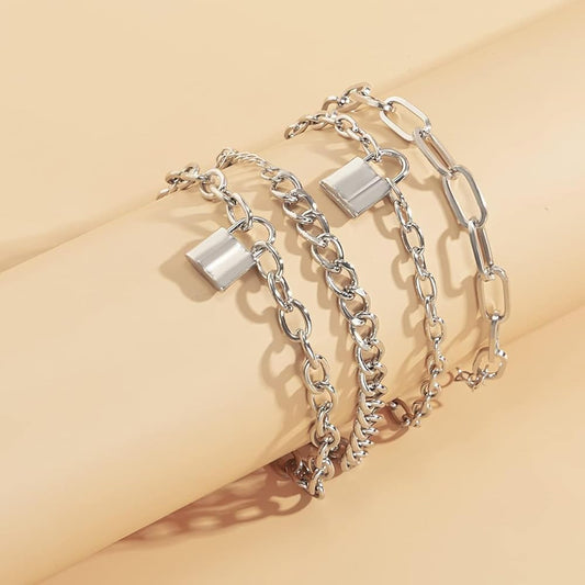 4pcs Lock And Chain Bracelet + Anklet Set