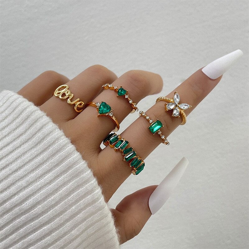 6pcs Vintage Green Stones Rings Set