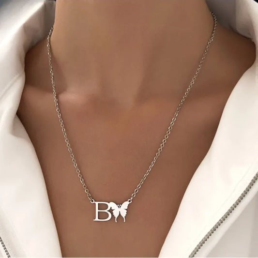 Silver B Initial and Butterfly Pendant Necklace