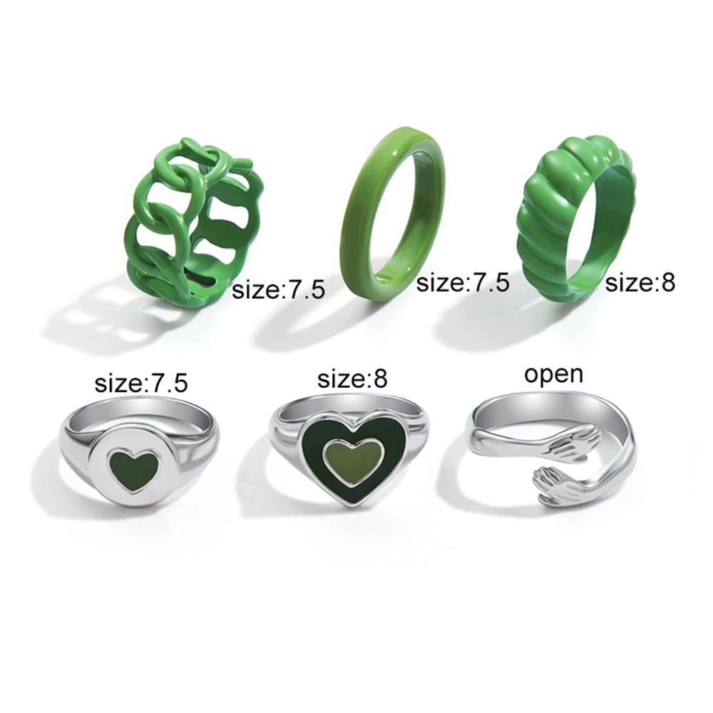 Vintage Green and Silver Love Heart Ring Set