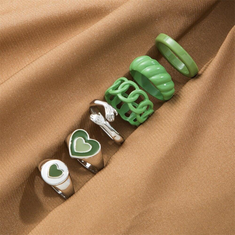 Vintage Green and Silver Love Heart Ring Set