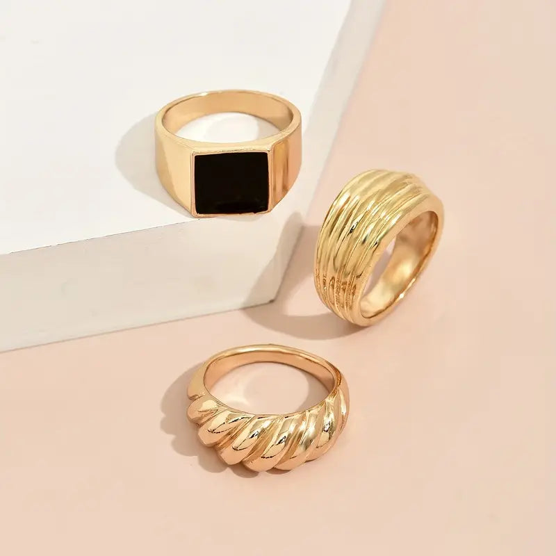 3pcs Vintage Stacking Rings Croissant/ Signet/ Chunky Design.