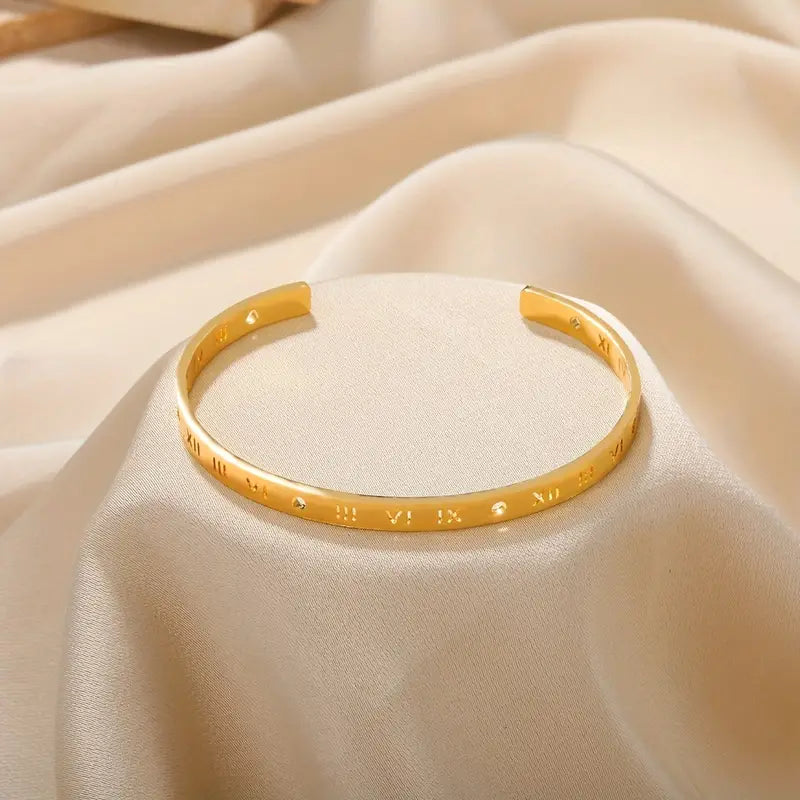 Delicate Roman Numeral Design Cuff Bangle